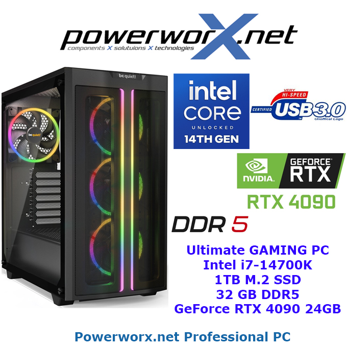 High End Gaming System Intel Core i7-14700K, 32GB RAM DDR5, NVIDIA Geforce RTX 4090, 1TB SSD, RGB - Tower - zum Schließen ins Bild klicken