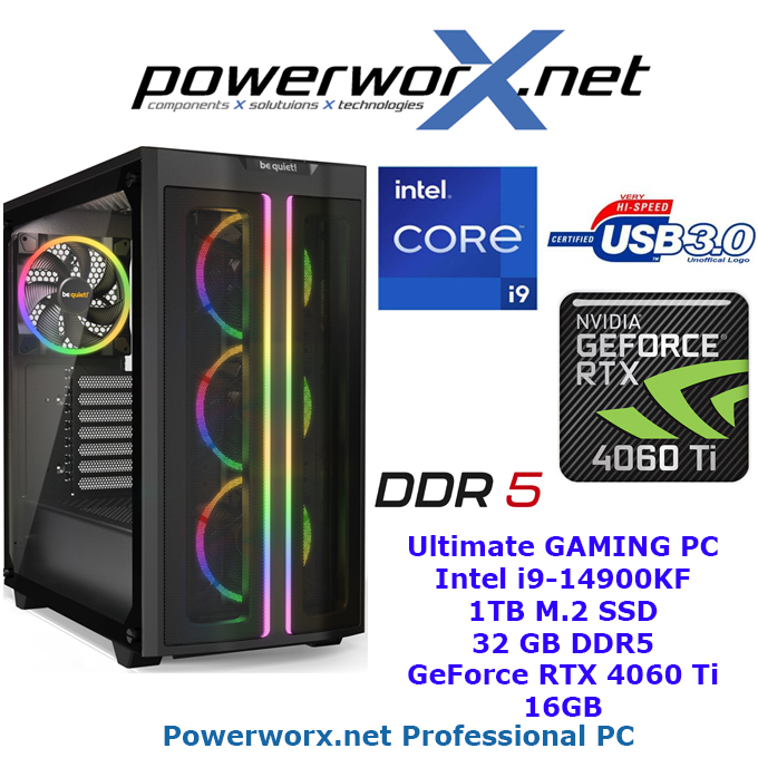 ULTRA High End Gamer PC i9-14900KF 24x 3,0 Ghz nvidia GeForce RTX 4060 16GB GDDR6 32GB DDR5 1TB M.2 nvme SSD BeQuiet Tower LED - zum Schließen ins Bild klicken