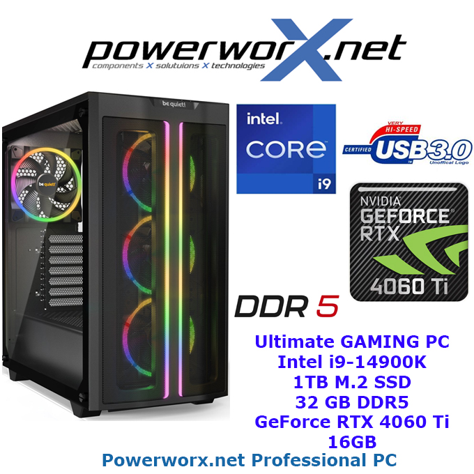 ULTRA High End Gamer PC i9-14900K 24x 3,0 Ghz nvidia GeForce RTX 4060 16GB GDDR6 32GB DDR5 1TB M.2 nvme SSD BeQuiet Tower LED - zum Schließen ins Bild klicken